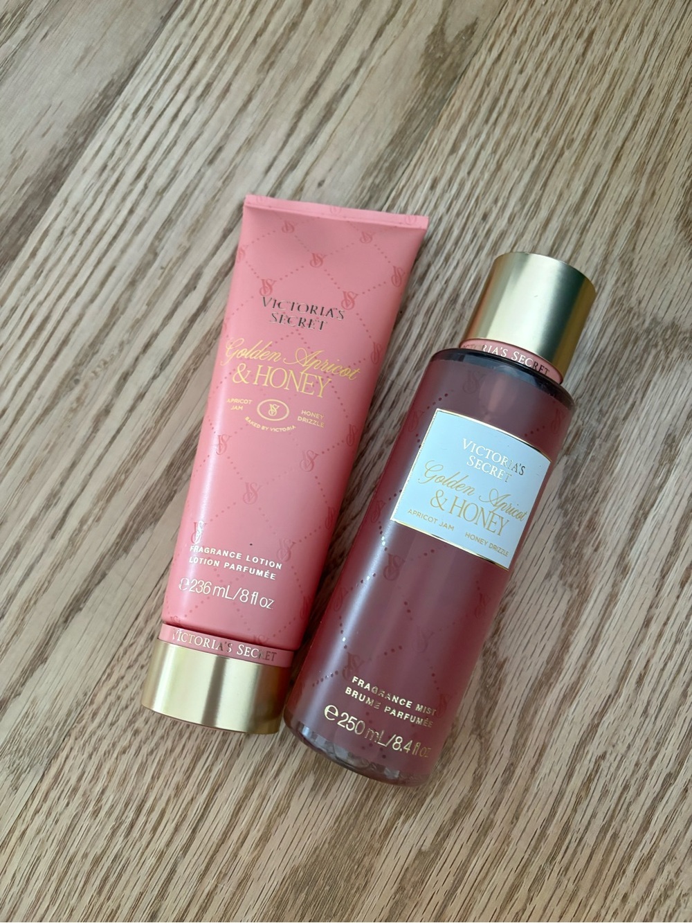 Victoria's Secret Golden Apricot & Honey Lotion + Mist in Pink and Gold
